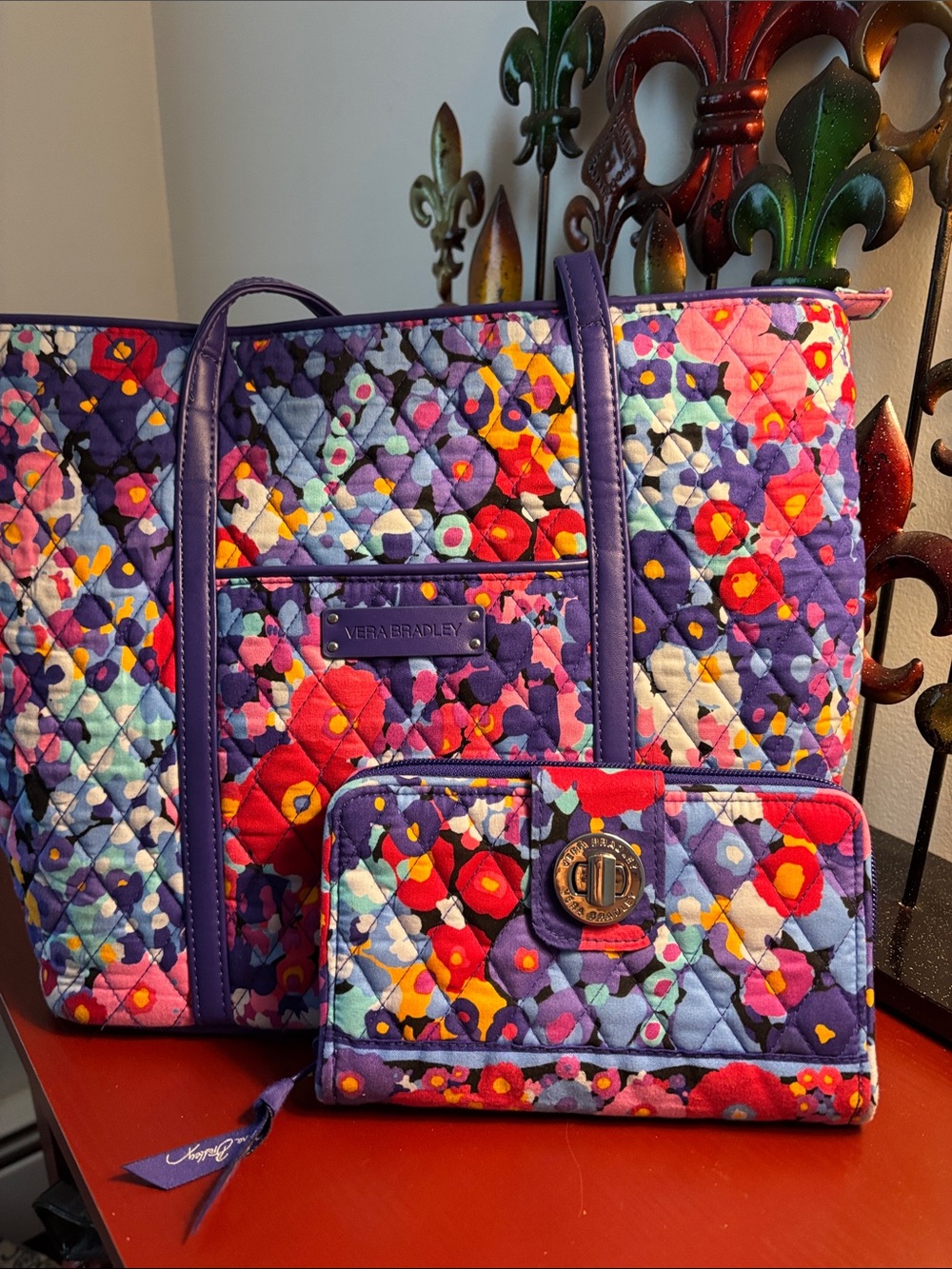 Vera Bradley Purple Multicolor Floral Quilted Tote with Wallet